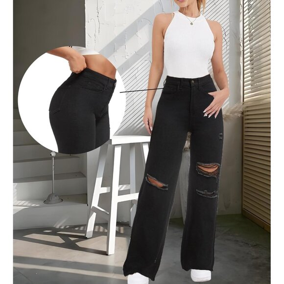 Distressed Wide Leg Jeans Women's High Waisted Ripped Casual Denim Pants - Picture 5 of 6